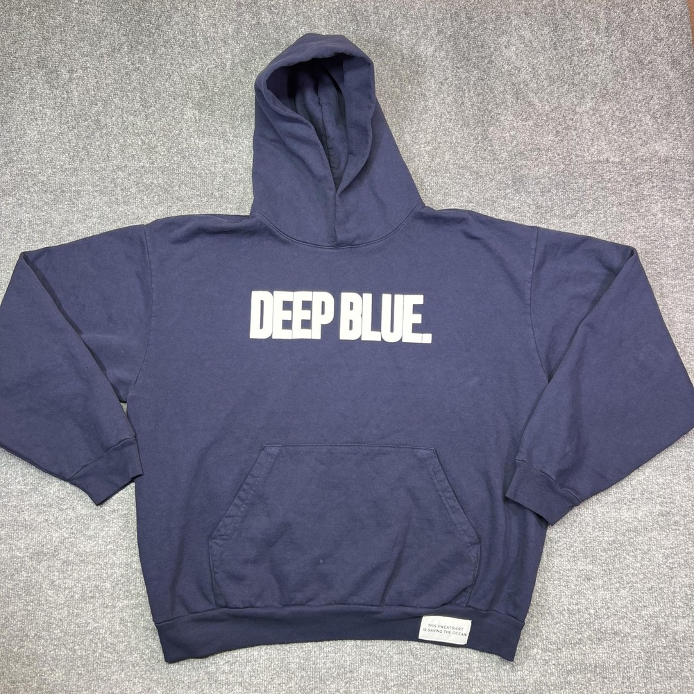 Deep Blue Hoodie Mens XL Navy Fleece Pullover Kangaroo Pocket Graphic Ocean